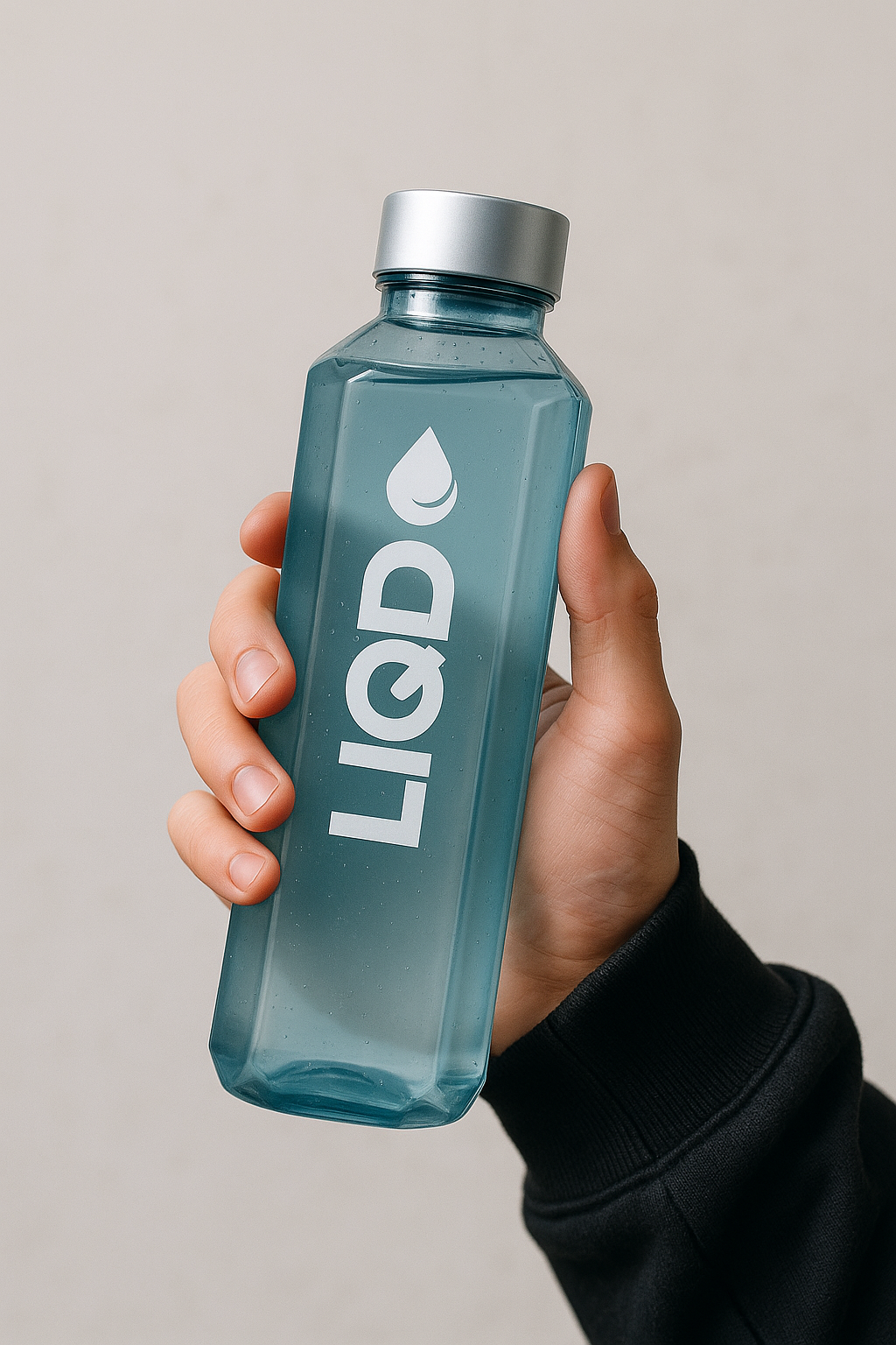 LIQD bottle held in hand - premium lifestyle product photography